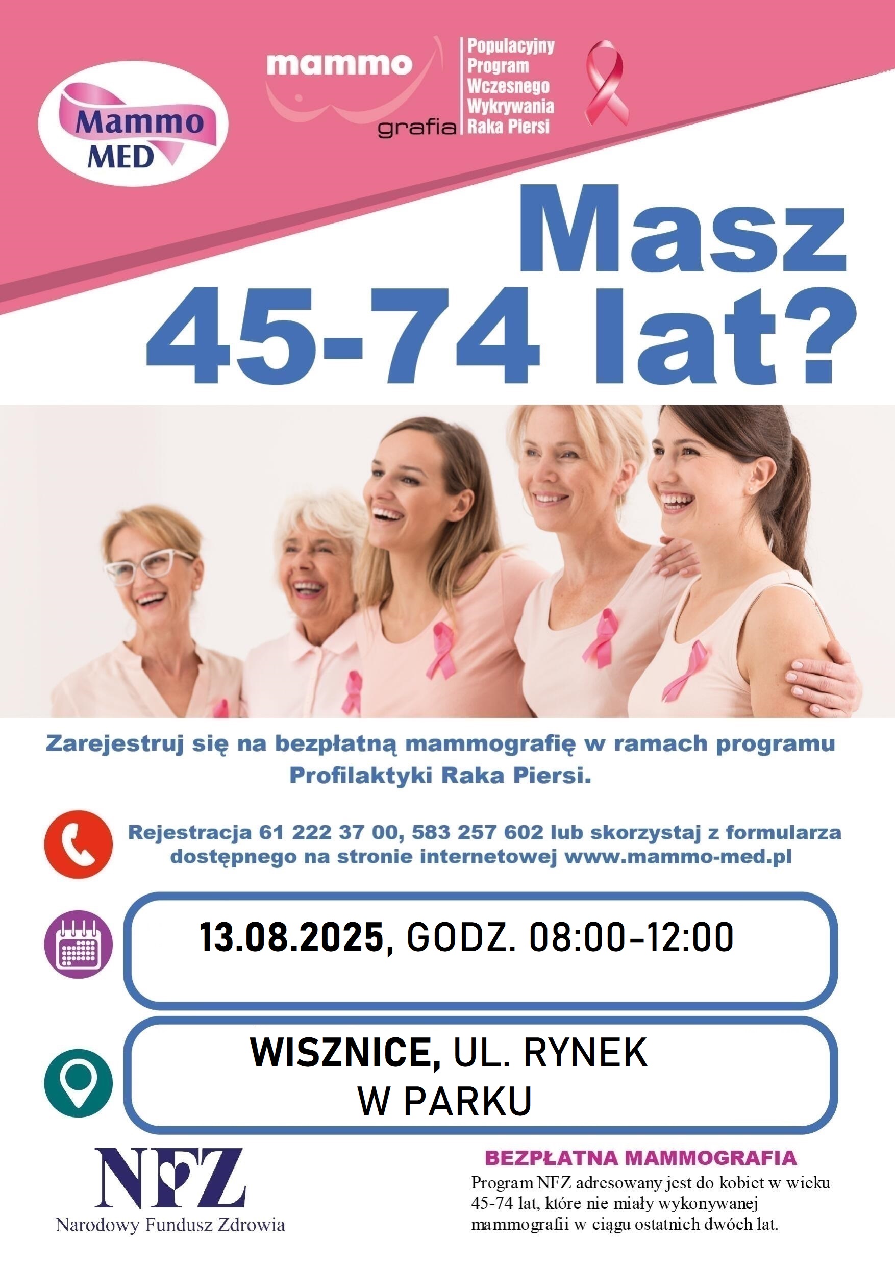Bezpłata mammografia piersi 13.08.2025 w mammobusie w Wisznicach