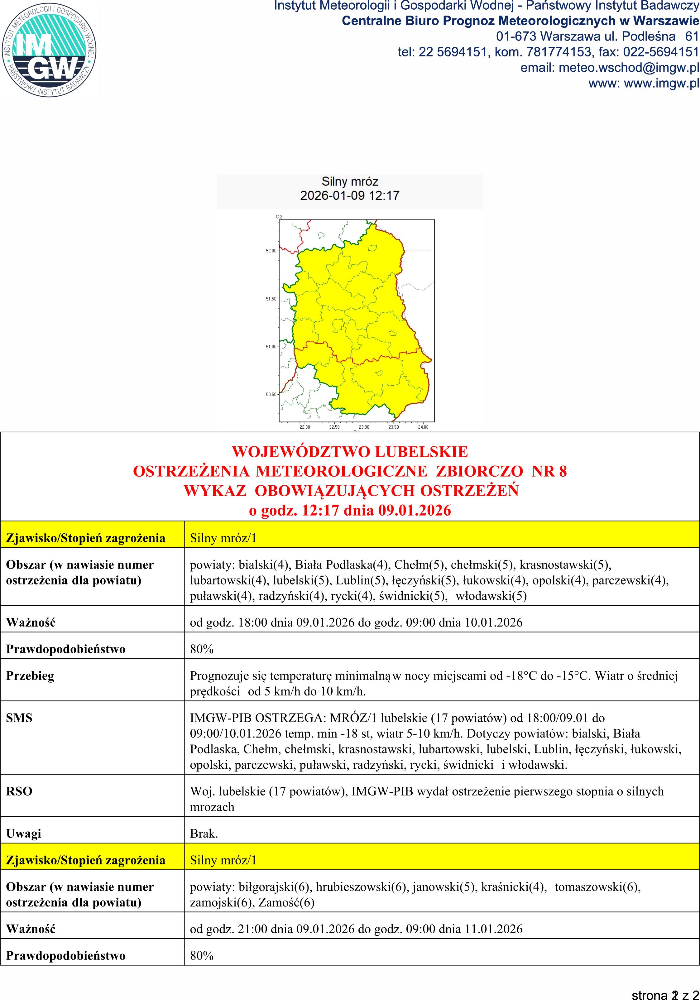 Ostrzeżenie meteorologiczne pierwszego stopnia dotyczące wystąpienia silnych mrozów na terenie Woj. Lubelskiego